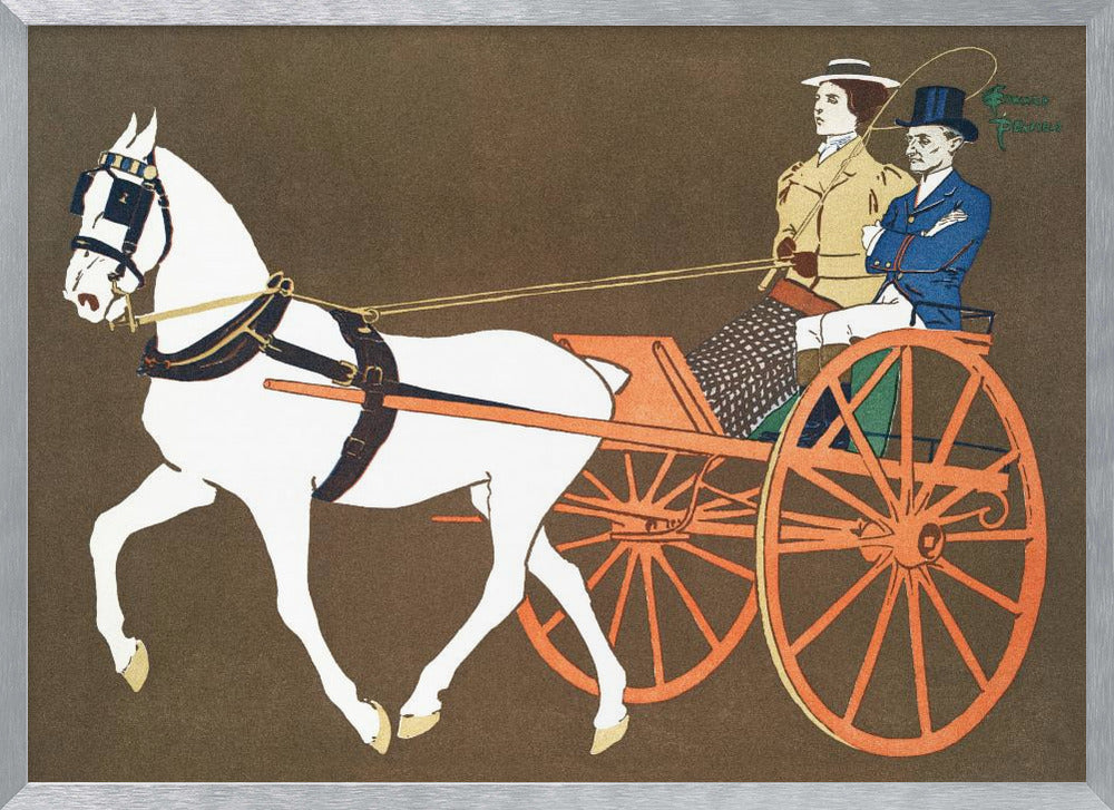 A vintage-style illustration of a white horse pulling an orange two-wheeled carriage against a dark brown background. A woman in a tan coat holds the reins, seated next to a man in a blue coat and top hat. Wall Art