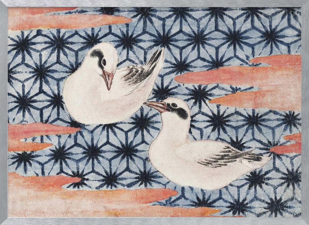 A vintage Japanese woodblock print featuring two white birds with black markings. The birds are set against a blue background with a dark blue Asanoha geometric pattern and reddish-pink, cloud-like shapes. The artwork is enclosed in a silver frame. Wall Art