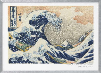 A framed, textured print of Katsushika Hokusai's 'The Great Wave off Kanagawa.' The iconic blue and white wave towers over boats, with a small Mount Fuji in the background under an orange-tinted sky. The artwork has a woven, tapestry-like appearance. Poster