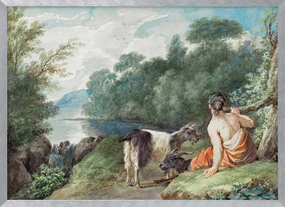 A painting or illustration depicting a shepherdess with her goats in a natural landscape, featuring a calm lake. Wall Art