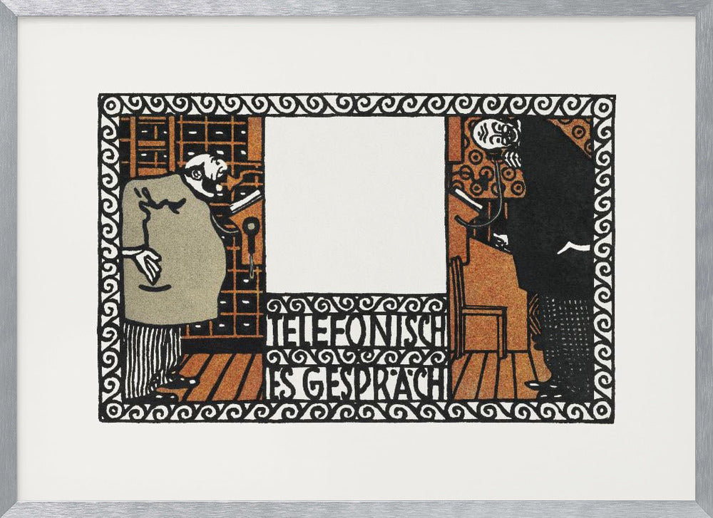 A vintage German art print titled 'Telefonisches Gespräch' (Telephone Conversation). The graphic illustration shows two stylized men on opposite sides of a central panel, talking on old-fashioned telephones. The artwork features a limited color palette of black, orange, and beige, with an ornate, repeating pattern border. Print