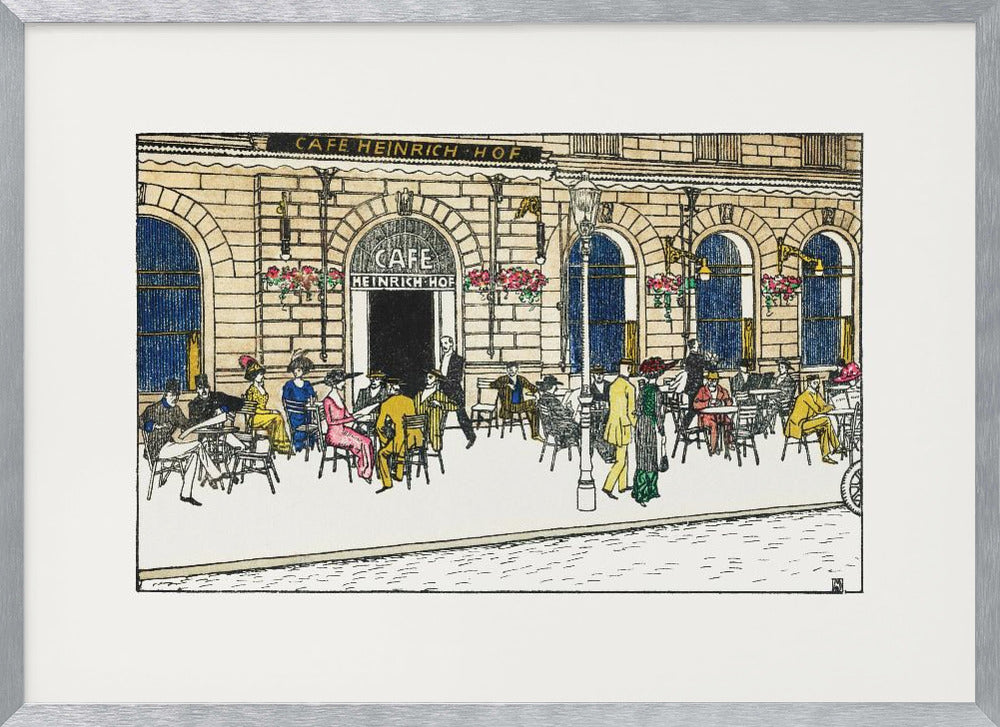 A vintage-style color illustration of the exterior of 'Cafe Heinrich Hof'. Patrons dressed in early 20th-century attire are seated at tables on the sidewalk patio, socializing under the building's arched windows. The artwork is shown within a silver frame. Decor
