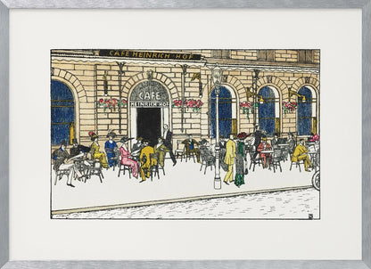 A vintage-style color illustration of the exterior of 'Cafe Heinrich Hof'. Patrons dressed in early 20th-century attire are seated at tables on the sidewalk patio, socializing under the building's arched windows. The artwork is shown within a silver frame. Decor