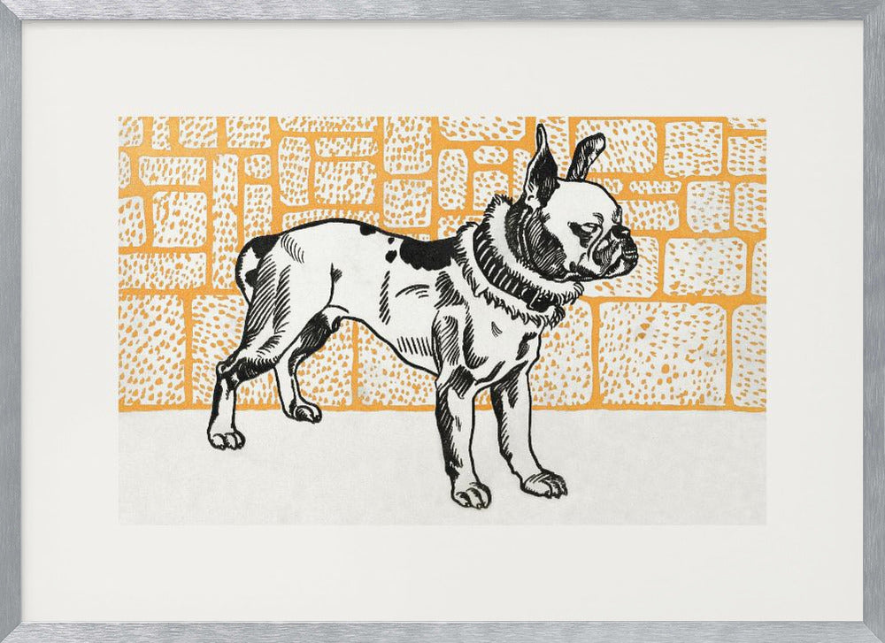 A vintage-style block print illustration of a black and white French Bulldog standing in profile. The dog has large ears and a thick collar, and it is set against a yellow-orange background with a textured brick pattern. The artwork is matted in white and displayed in a silver frame. Wall Art