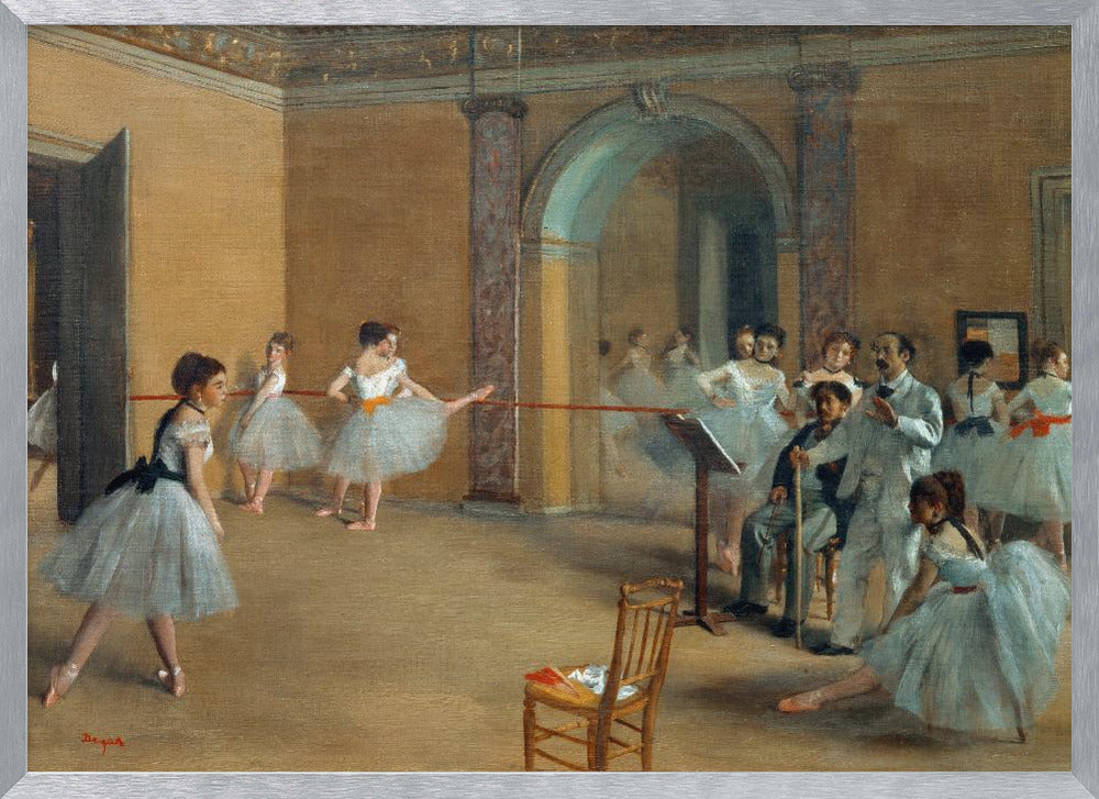 A classic impressionist painting by Edgar Degas titled 'The Dance Class', depicting a ballet rehearsal in a studio with warm, earthy walls. Young ballerinas in light blue tutus practice at the barre while an instructor and other figures observe. Decor