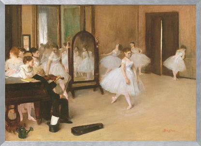 A framed print of Edgar Degas's impressionist painting, 'The Dance Class,' depicting a ballet rehearsal room with several ballerinas in white tutus. A musician plays the violin in the foreground, and the warm-toned room features a large mirror reflecting the dancers. Wall Art