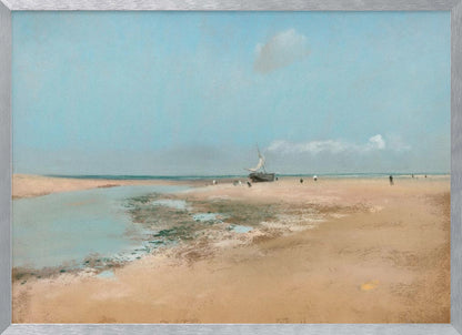 An impressionistic painting of a serene beach scene at low tide. A wide expanse of tan sand meets a pale blue sky, with a small sailboat resting on the shore. In the distance, several small figures are scattered along the water's edge. Artwork
