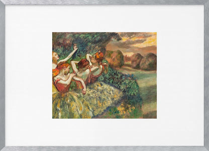 A framed print of Edgar Degas's Impressionist painting 'The Curtain Falls', featuring four ballet dancers in red bodices and green tutus. They are positioned amidst green scenery with a warm, sunset-lit landscape in the background. Artwork