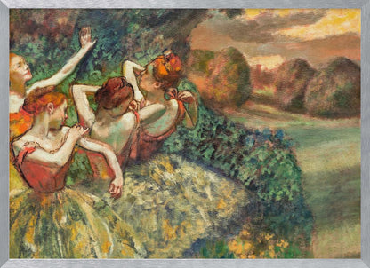 An impressionistic painting of four ballerinas in a lush outdoor setting. Dressed in orange bodices and yellow-green tutus, they are captured in candid moments of rest and preparation against a backdrop of green foliage and a warm sunset landscape. Poster
