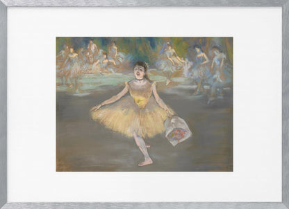 A framed print of the impressionist painting 'Dancer with a Bouquet of Flowers' by Edgar Degas. A ballerina in a yellow tutu is center stage, taking a bow while holding a bouquet. Other dancers in blue tutus are visible in the background. Poster