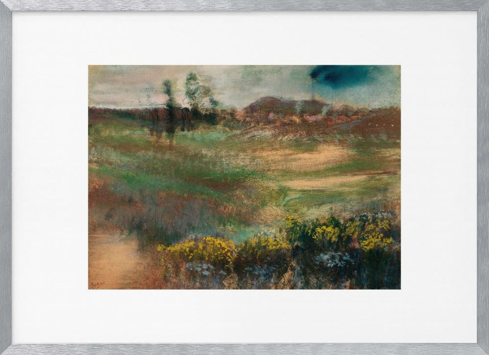 A framed impressionistic painting of a rolling landscape. In the foreground, there are bushes with yellow flowers. The midground features swaths of green and brown grasses, leading to a line of trees and hills in the background under a moody, overcast sky. The artwork is set in a white mat within a silver frame. Artwork