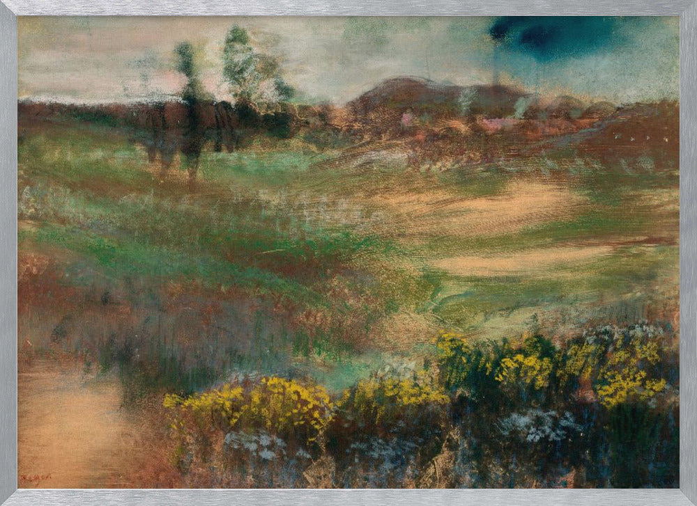 An impressionistic landscape painting in a silver frame, featuring earthy tones of green and brown across rolling hills, with vibrant yellow flowers in the foreground under a muted, stormy sky. Print