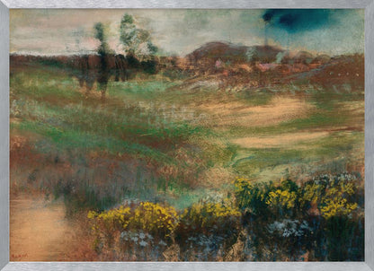 An impressionistic landscape painting in a silver frame, featuring earthy tones of green and brown across rolling hills, with vibrant yellow flowers in the foreground under a muted, stormy sky. Print