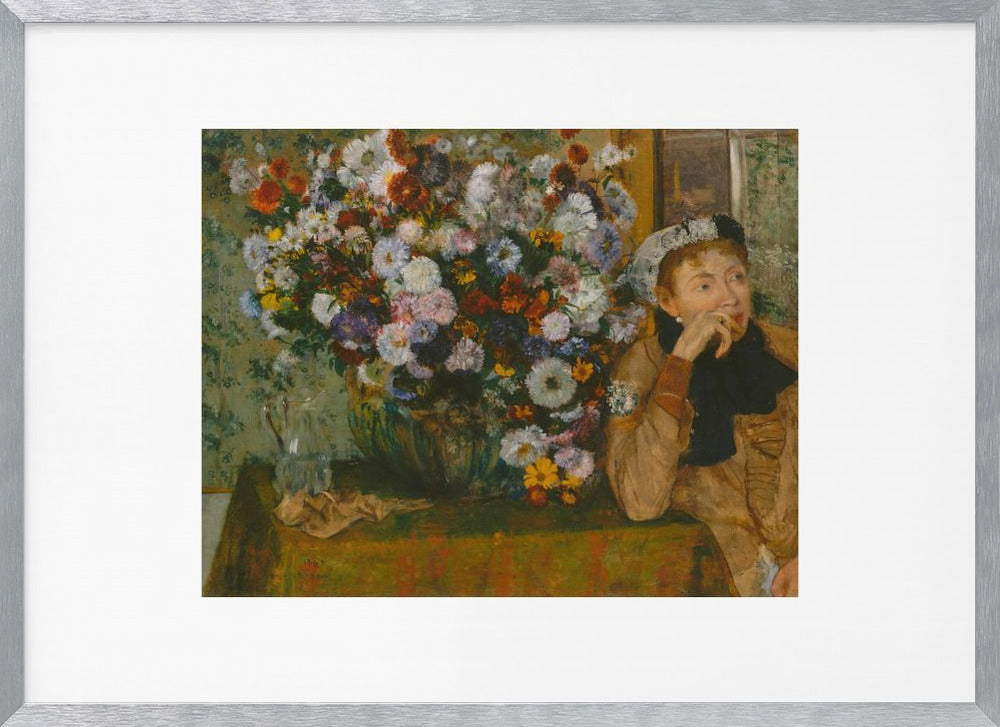 An art print featuring a woman seated beside a vase overflowing with colorful flowers, presented in a painterly style. Wall Art