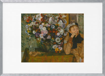 An art print featuring a woman seated beside a vase overflowing with colorful flowers, presented in a painterly style. Wall Art