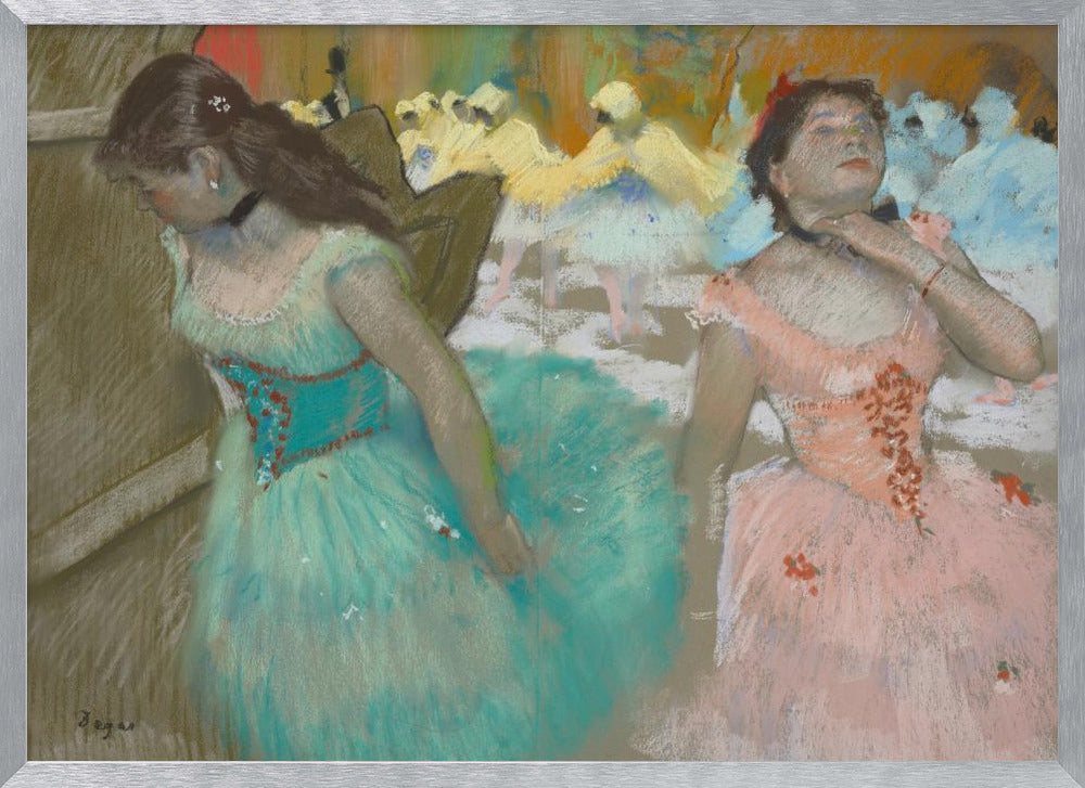 A framed pastel artwork by Edgar Degas depicting several ballerinas. In the foreground, a ballerina in a turquoise tutu looks down, while another in a pink tutu adjusts her collar with her eyes closed. In the background, more dancers in yellow and white are blurred on a stage. Wall Art