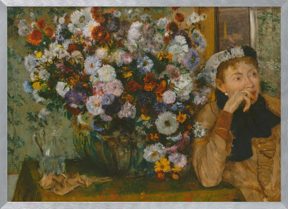 A woman seated beside a vase of flowers Artwork