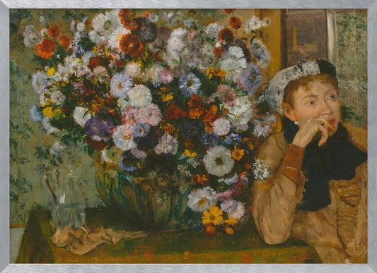 A woman seated beside a vase of flowers Artwork