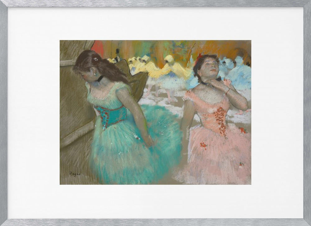 An impressionist pastel painting by Edgar Degas of two ballerinas backstage. One in the foreground wears a teal tutu and looks down, while another beside her in a pink tutu adjusts her choker. Other dancers are visible in the background under warm stage light. Poster
