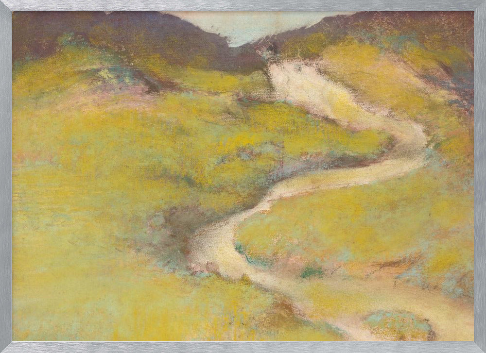 An impressionistic landscape painting in a silver frame. The artwork features a winding, light-colored path meandering through rolling hills rendered in shades of chartreuse and olive green with hints of pink and blue. The distant hills are a darker, muted brown, creating a sense of depth against a pale sky. Decor