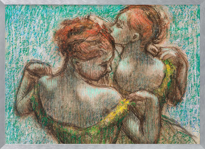 A framed pastel drawing in the Impressionist style depicting two female figures. One woman with reddish-brown hair in an updo is seen from the back, wearing a green dress. Another woman stands behind her, tenderly kissing the top of her head. The background is a textured, vibrant turquoise. Wall Art