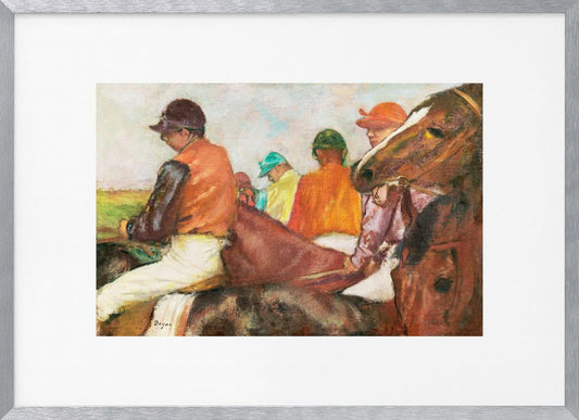 An impressionist painting by Edgar Degas depicting a group of jockeys on horseback. The jockeys wear colorful silks in orange, green, and teal. In the foreground, a brown horse's head is shown in profile, while another jockey in an orange vest is seen from the side. Wall Art