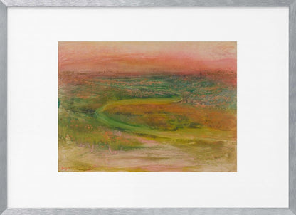 An abstract landscape painting with a soft, hazy aesthetic, featuring a pink and orange sky over a green and earthy-toned rolling terrain with a winding path. The artwork is framed in a silver frame with a wide white mat. Wall Art