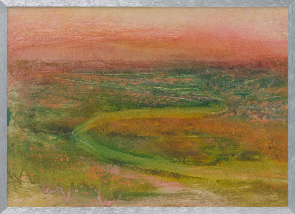 An abstract landscape painting in a silver frame. The artwork features a warm, peachy-orange sky above a rolling terrain of muted greens, yellows, and oranges. A faint, winding path meanders through the landscape, rendered in a soft, impressionistic style. Artwork