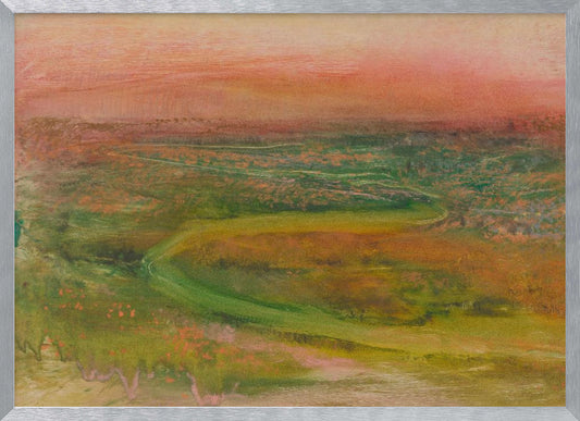 An abstract landscape painting in a silver frame. The artwork features a warm, peachy-orange sky above a rolling terrain of muted greens, yellows, and oranges. A faint, winding path meanders through the landscape, rendered in a soft, impressionistic style. Artwork