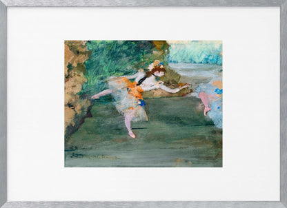 An Impressionist painting of a ballerina mid-dance on a stage, wearing a white and orange tutu. The background is a wash of green and brown tones. The painting is presented within a white mat and a silver frame. Artwork