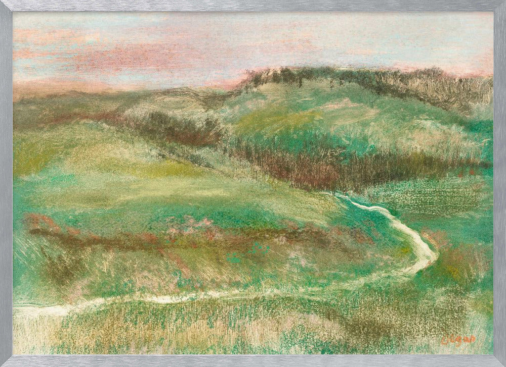 A framed, impressionistic pastel drawing of a rolling green landscape with a winding path or stream. The hills are a mix of vibrant and muted greens with earthy brown tones, under a soft pink and pale blue sky. The texture is soft and painterly, and the artwork is enclosed in a simple silver frame. Artwork