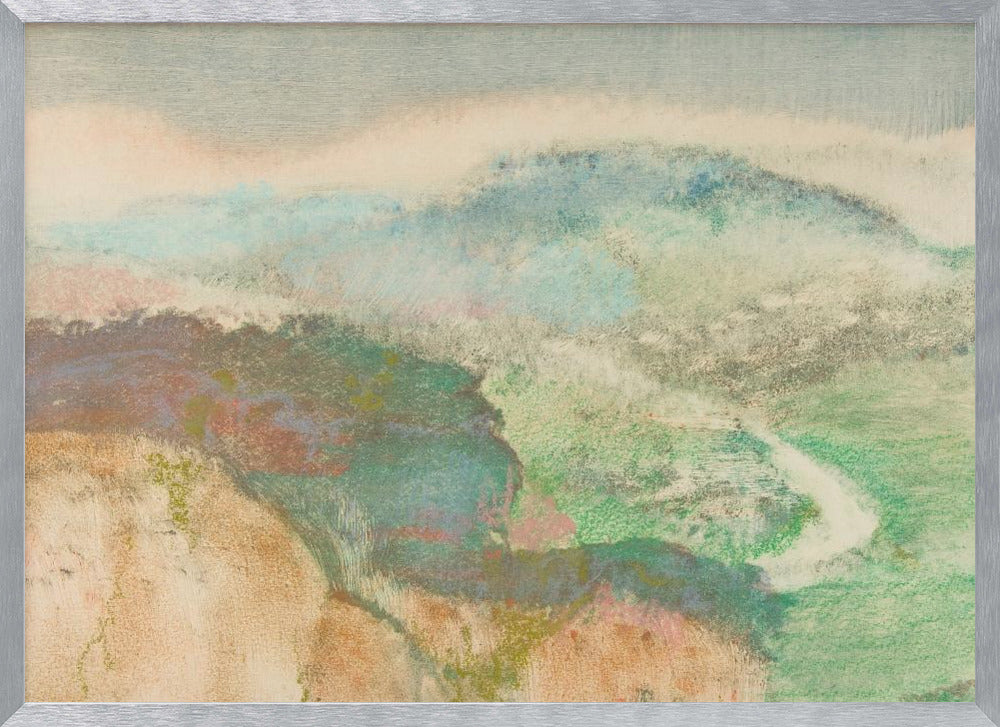 An abstract landscape painting in a silver frame, featuring soft, blended colors. Muted green and blue hills recede into a hazy, pale sky, while a winding white path cuts through a valley. The overall texture is soft and dreamlike. Decor