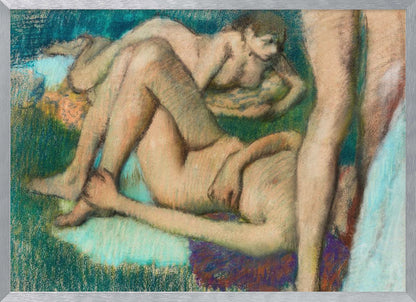 An impressionistic pastel drawing by Edgar Degas depicting several nude female figures in various lounging poses. The figures are set against a richly textured background of deep green and teal, with visible energetic pastel strokes defining their forms and the surrounding space. Decor
