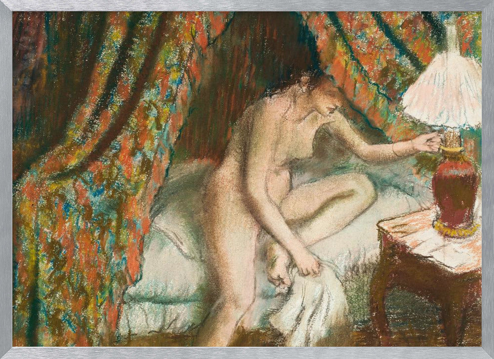 An Impressionist pastel painting of a nude woman sitting on the edge of a bed. She is reaching to turn on a bedside lamp. The background features a heavily patterned, colorful curtain, and the entire scene is rendered with soft, textured strokes and framed in silver. Poster
