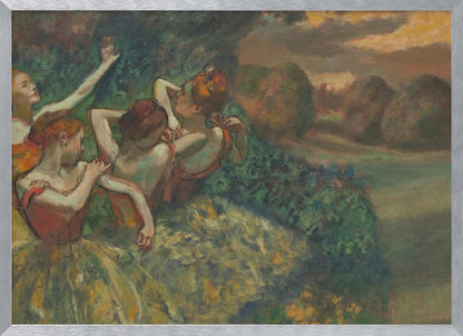 An Impressionist painting by Edgar Degas, 'The Curtain Falls', depicting four ballet dancers in red and green costumes outdoors at dusk, with a landscape of haystacks in the background, all within a silver frame. Print