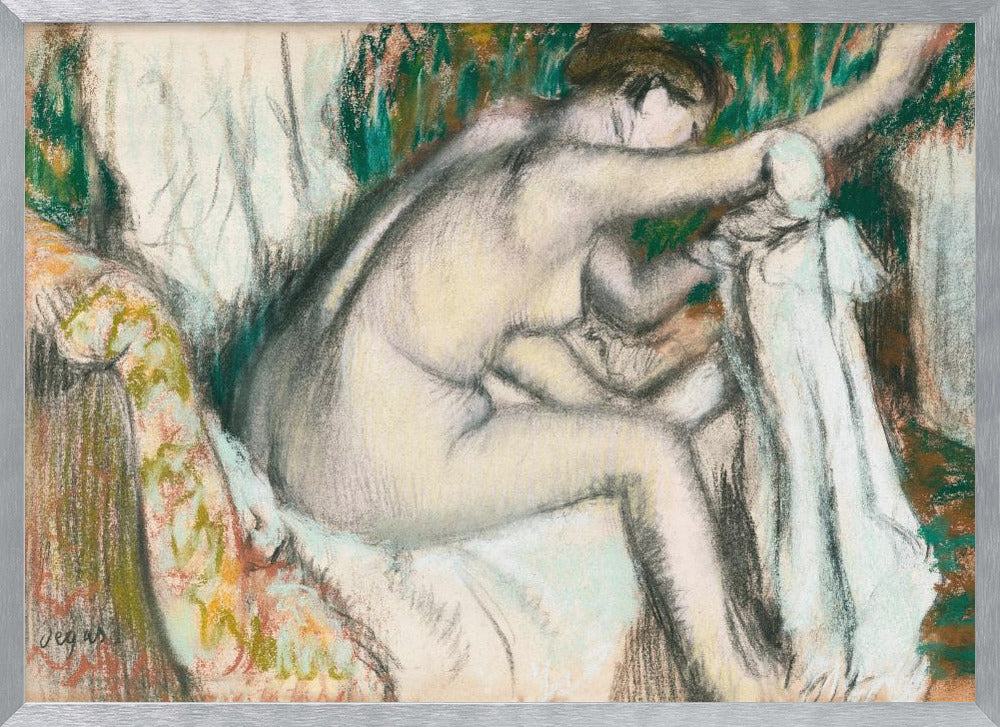 A framed pastel drawing by Edgar Degas depicting a nude woman from the back, seated on a patterned chair. Her body is rendered in soft yellow and grey tones, while she interacts with white drapery against a background of energetic green and brown strokes. Print
