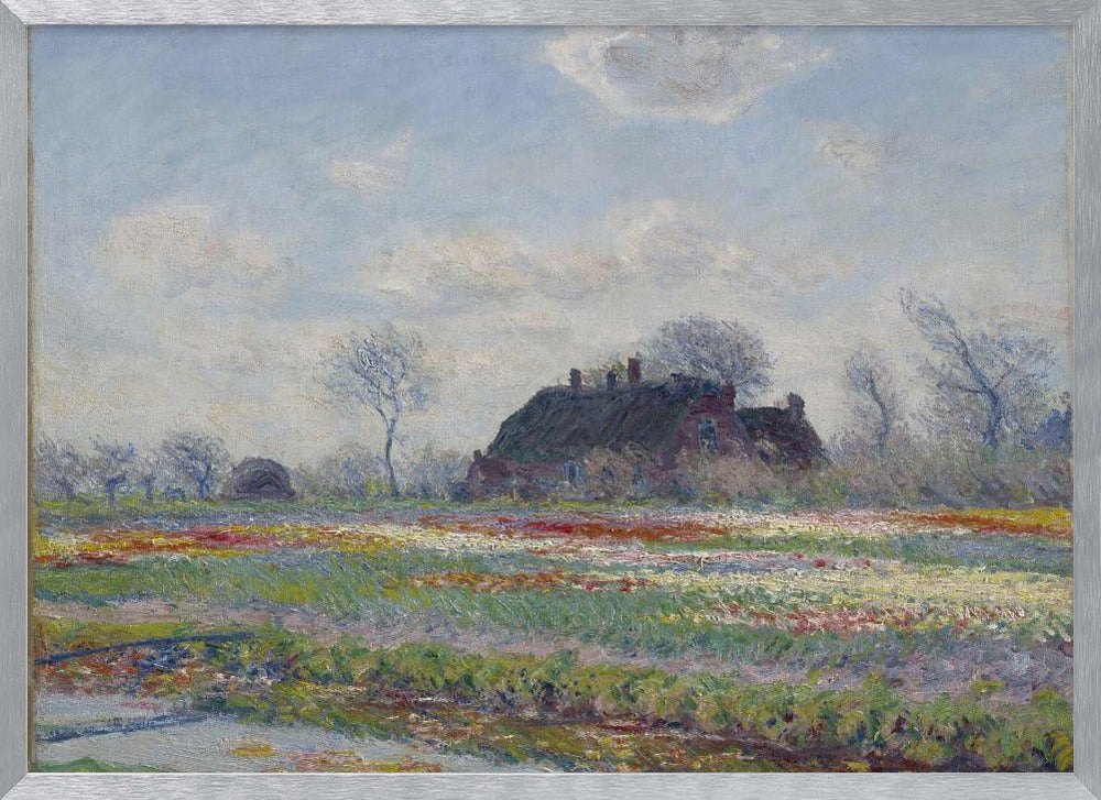 An Impressionist painting of a Dutch landscape featuring a field of colorful tulips in the foreground and a traditional farmhouse with a thatched roof in the background, under a cloudy blue sky. The artwork is displayed in a silver frame. Poster