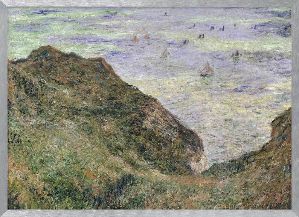 An impressionistic painting of a coastal scene, viewed from a high, grassy cliff looking down at the sea. The water is a mix of green, blue, and purple hues with several small sailboats scattered across its surface. The artwork is framed in a simple silver frame. Poster