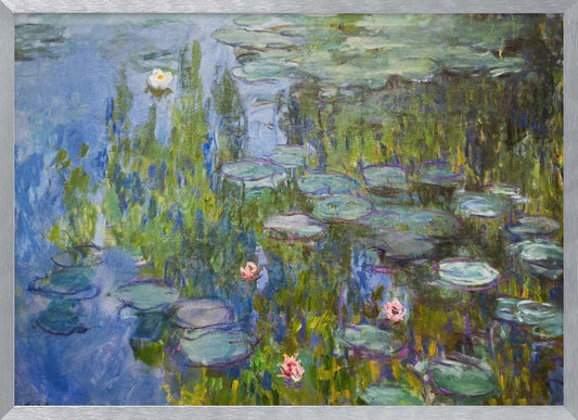 An Impressionist painting of a water lily pond, with vibrant blue water reflecting lush green foliage. Numerous green lily pads float on the surface, and several white and pink water lilies are in bloom. The artwork, which has visible brushstrokes, is presented in a simple silver frame. Print