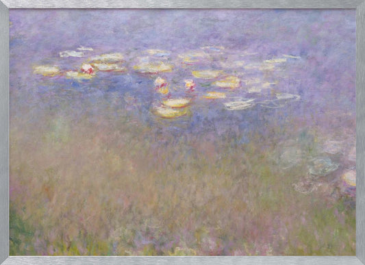 An impressionist painting by Claude Monet depicting water lilies floating on a pond, rendered in soft, blended strokes of purple, blue, green, and yellow. The artwork is displayed in a simple, silver-colored frame. Artwork
