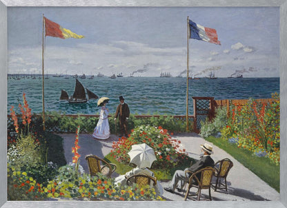 Claude Monet's impressionist painting, 'Garden at Sainte-Adresse', depicting a vibrant flower garden on a terrace overlooking a blue sea filled with sailboats and steamships. Four figures are in the garden, with two flags, including the French flag, flying on tall poles under a partly cloudy sky. Artwork