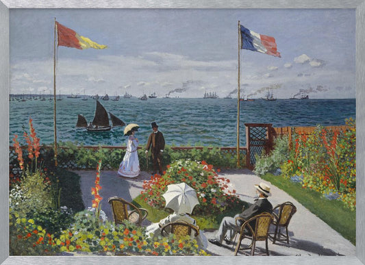 Claude Monet's impressionist painting, 'Garden at Sainte-Adresse', depicting a vibrant flower garden on a terrace overlooking a blue sea filled with sailboats and steamships. Four figures are in the garden, with two flags, including the French flag, flying on tall poles under a partly cloudy sky. Artwork