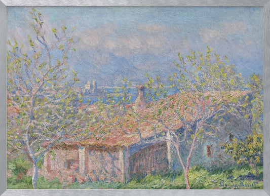 An impressionist painting of a coastal landscape, with leafy spring trees in the foreground framing the view over a terracotta-roofed house to the blue sea and distant mountains. Decor