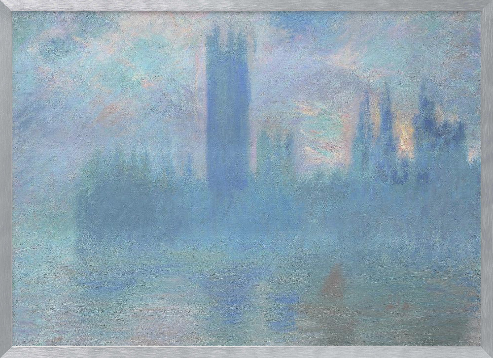 An impressionistic painting of the Houses of Parliament in London, shrouded in a dense blue and purple fog. The iconic Victoria Tower stands tall in the center, with the rest of the building's silhouette barely visible against a hazy sky with hints of sunrise. The scene is presented in a silver frame. Print