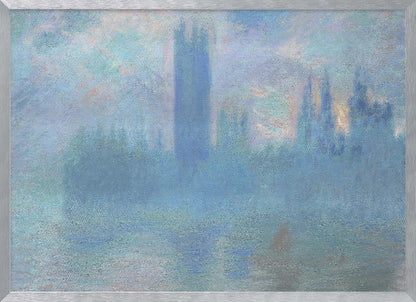 An impressionistic painting of the Houses of Parliament in London, shrouded in a dense blue and purple fog. The iconic Victoria Tower stands tall in the center, with the rest of the building's silhouette barely visible against a hazy sky with hints of sunrise. The scene is presented in a silver frame. Print