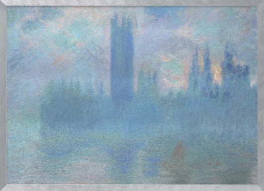 An impressionistic painting of the Houses of Parliament in London, shrouded in a dense blue and purple fog. The iconic Victoria Tower stands tall in the center, with the rest of the building's silhouette barely visible against a hazy sky with hints of sunrise. The scene is presented in a silver frame. Print