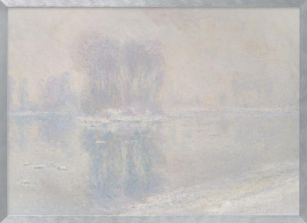 A framed impressionist painting of a hazy, winter landscape. The scene features a body of water with ice floes, and faint, blurred trees in the background, all rendered in soft, muted tones of pale blue, lavender, and grey. Decor