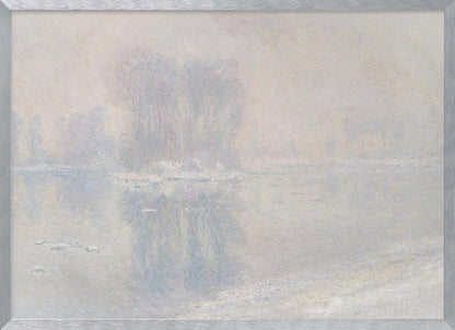 A framed impressionist painting of a hazy, winter landscape. The scene features a body of water with ice floes, and faint, blurred trees in the background, all rendered in soft, muted tones of pale blue, lavender, and grey. Decor