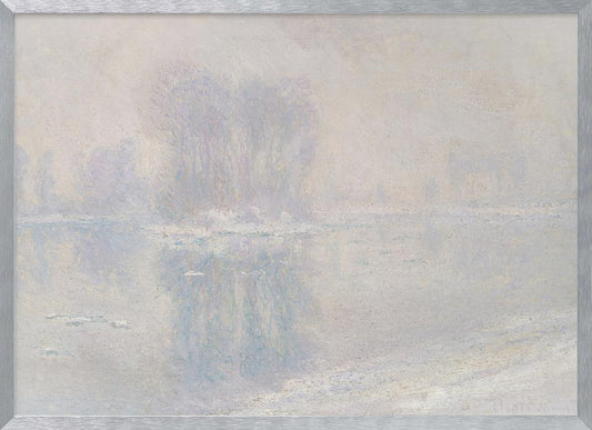 A framed impressionist painting of a hazy, winter landscape. The scene features a body of water with ice floes, and faint, blurred trees in the background, all rendered in soft, muted tones of pale blue, lavender, and grey. Decor