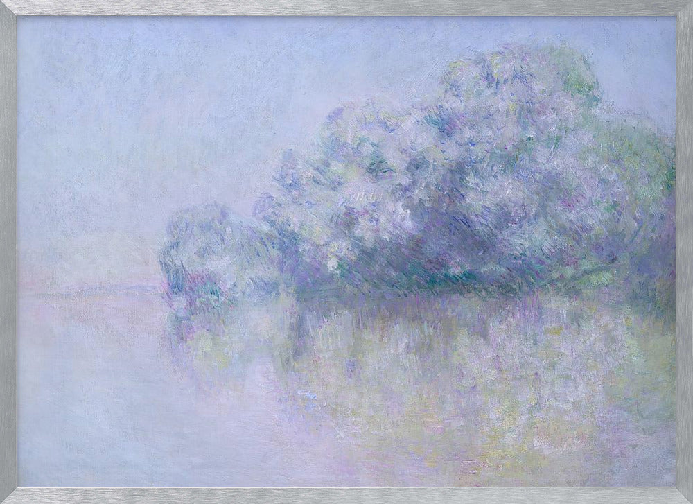 An impressionist painting in a silver frame, depicting a hazy, atmospheric landscape. A grove of trees, painted in soft strokes of purple, lavender, and blue, is reflected in the calm water below. The overall mood is serene and dreamlike due to the soft focus and blended pastel colors. Decor